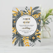 Elegant Geel & Grijs Bloemen Modern Script Bruilof Kaart (Staand voorkant)