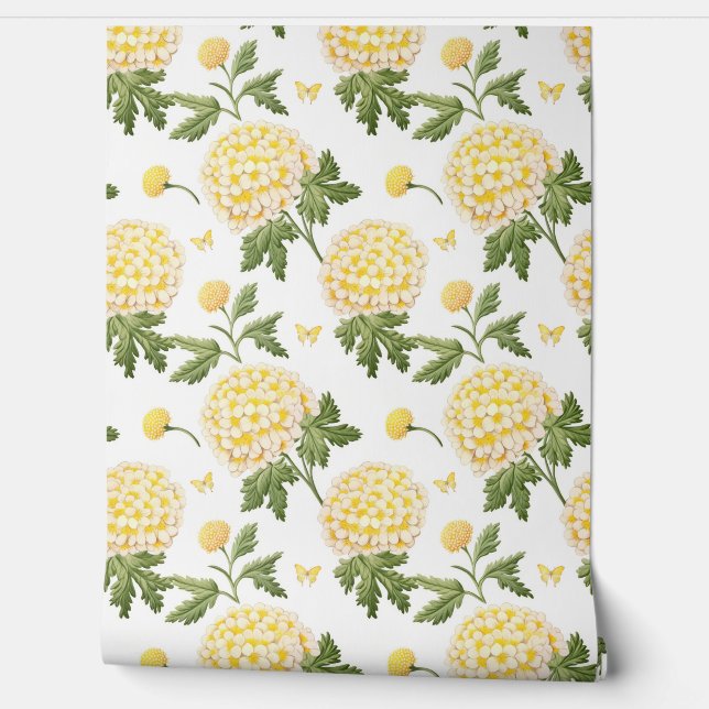 Elegant Geel Hydrangea Bloemvlinderpatroon Behang (Afrollen)