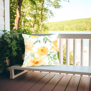 Elegant geel perzik sinaasappel waterverf floraal buitenkussen