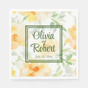 Elegant geel perzik sinaasappel waterverf floraal servet