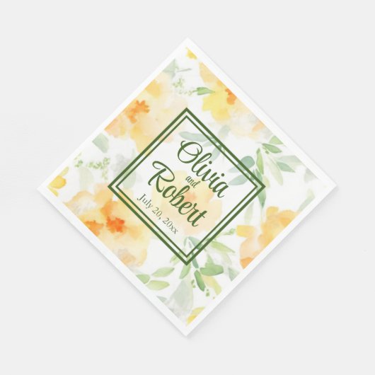 Elegant geel perzik sinaasappel waterverf floraal servet (Hoek)