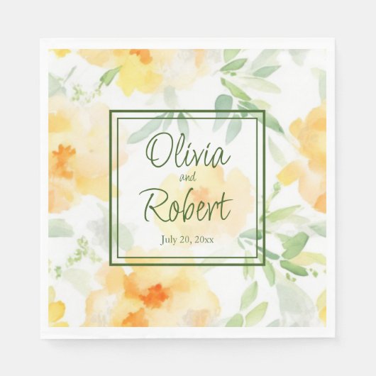 Elegant geel perzik sinaasappel waterverf floraal servet (Voorkant)