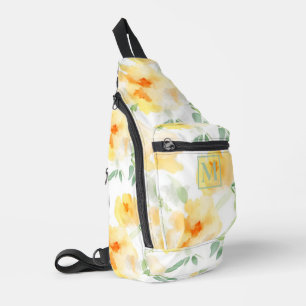 Elegant geel perzik sinaasappel waterverf floraal sling bag