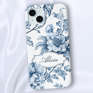 Elegant gegraveerd Blauw Bloemen w/Name of Monogra iPhone 15 Mini Hoesje