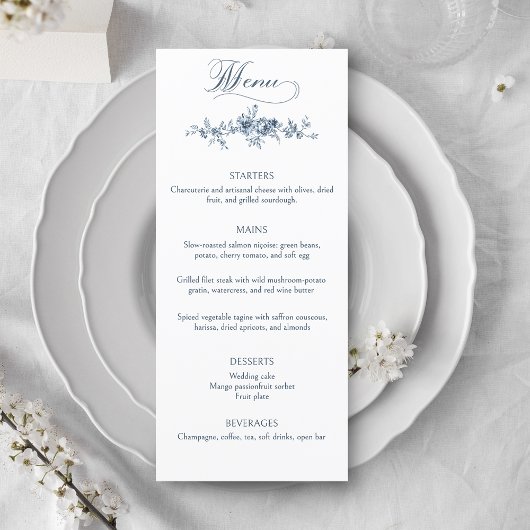 Elegant gegraveerd Frans Blauw Bloemen Menu