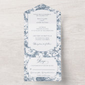 Elegant gegraveerd Frans Blauw Bloemen Toile All In One Uitnodiging (Binnen)