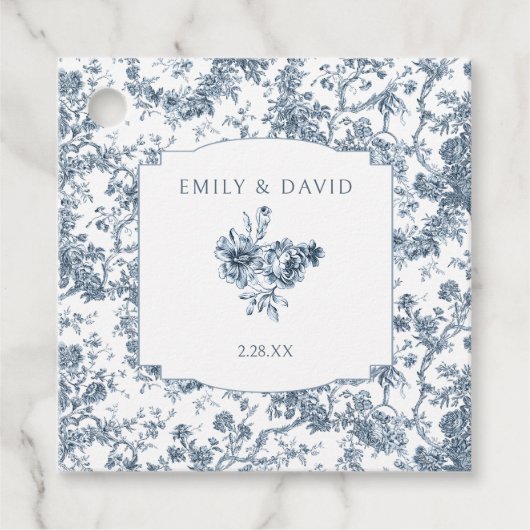 Elegant gegraveerd Frans Blauw Bloemen Toile Bedankjes Labels (Voorkant)
