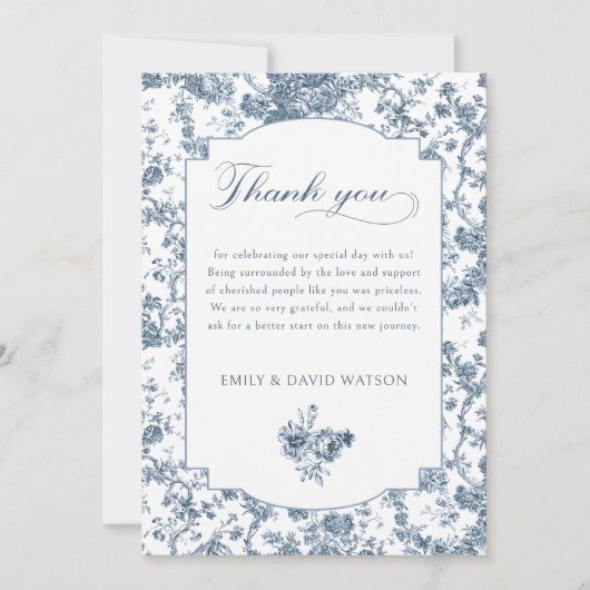 Elegant gegraveerd Frans Blauw Bloemen Toile Bedankkaart (Voorkant)