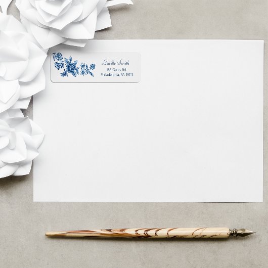 Elegant gegraveerde Blauwe Rozen Etiket