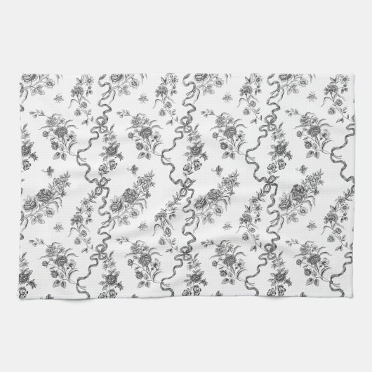 Elegant gegraveerde zwarte Rozen en linten Theedoek (Horizontaal)