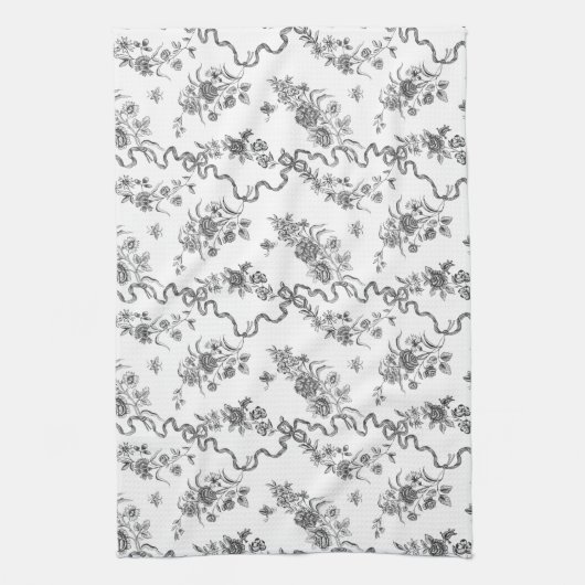 Elegant gegraveerde zwarte Rozen en linten Theedoek (Verticaal)