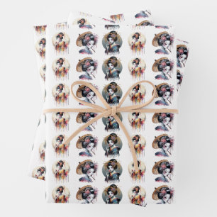 Elegant Geisha Pattern - Watercolor and Vintage As Inpakpapier Vel