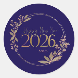 Elegant Gelukkig Nieuwjaar 2026 Blauw & Goud Perso Ronde Sticker