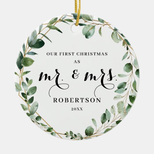 Elegant Geometric Greenery Eerste Kerstmis Keramisch Ornament (Voorkant)