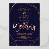 Elegant geometric lijst navy blue script bruiloft folie uitnodiging (Voorkant)