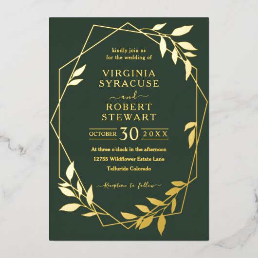Elegant Geometric Modern Royal Dark Green Wedding Folie Uitnodiging (Voorkant)