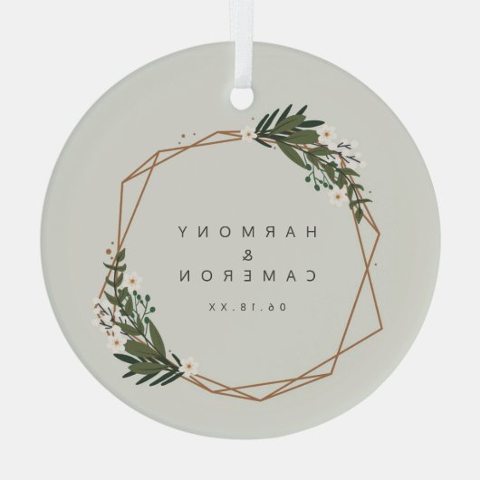 Elegant Geometric Pas getrouwd Onze eerste kerst Glas Ornament (Achterkant)