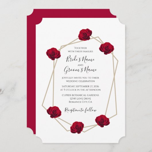 Elegant Geometric Red Rose Wedding Invitations Kaart (Voorkant / Achterkant)