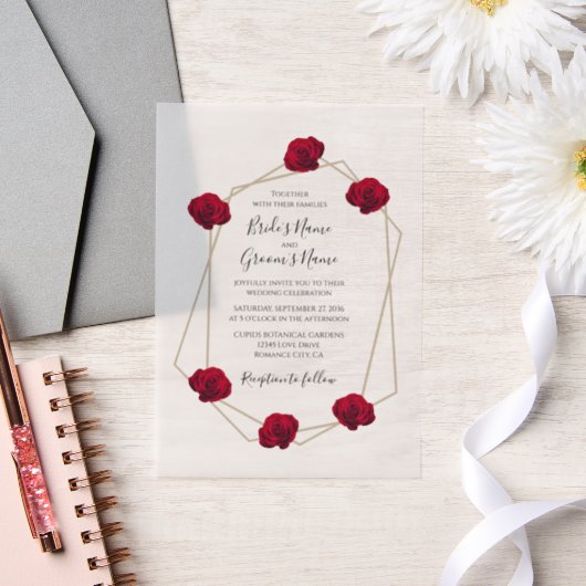 Elegant Geometric Red Rose Wedding Invitations Vellum Uitnodigingen (Huwelijk)