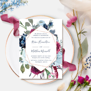 Elegant Geometrical Berries Blue Floral Wedding Kaart