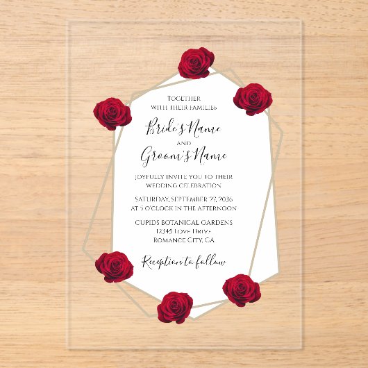Elégant Géométrique Rose Rouge Invitations de mari (Recto)