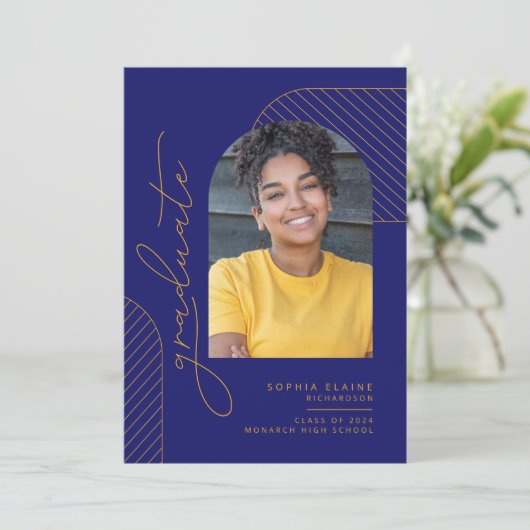 Elegant Geometrisch Blauw Geel Goud Afstuderen Aankondiging (Staand voorkant)