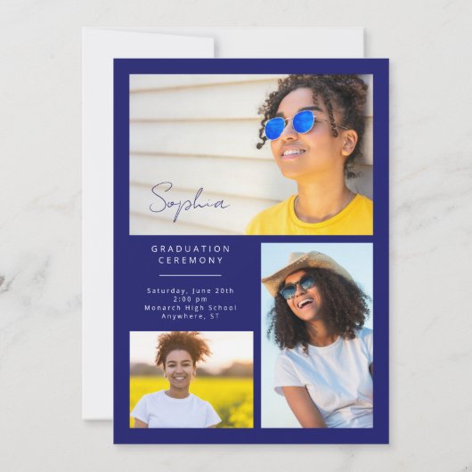 Elegant Geometrisch Blauw Geel Goud Afstuderen Aankondiging (Achterkant)