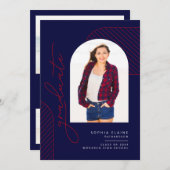 Elegant Geometrisch Blauw Rood Wit Afstuderen Aankondiging (Voorkant / Achterkant)