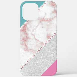 Elegant geometrisch zilver roos goudglitter marmer iPhone 12 pro max hoesje