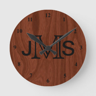 Elegant gepersonaliseerd monogram Mahogany Wood Ronde Klok