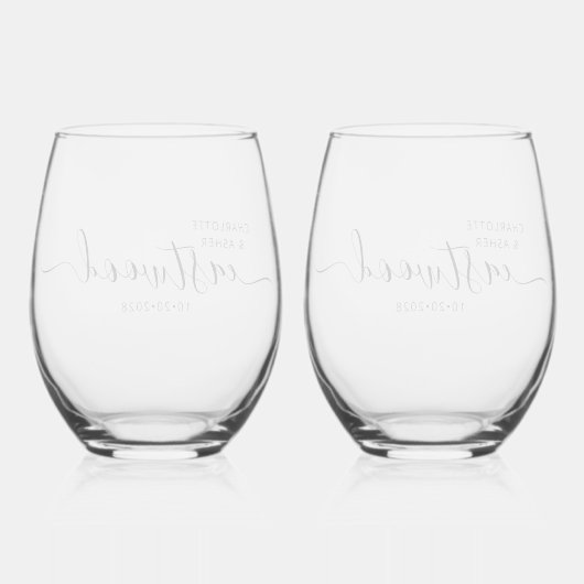 Elegant Gepersonaliseerd Script Koppel Naam Bruilo Wijnglas Zonder Voet (Achterkant)