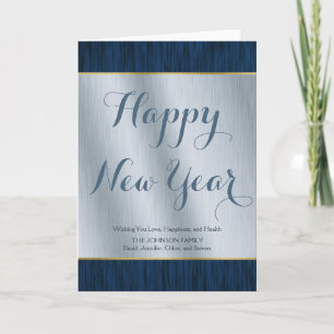 Elegant Gepersonaliseerd Zilveren en Blauw Houten Feestdagen Kaart