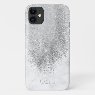 Elegant gepersonaliseerd zilverglitter witte marme iPhone 11 hoesje