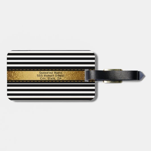 Elegant gepersonaliseerd zwart-wit gestreept bagagelabel (Achterkant horizontaal)