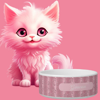 Elegant gepersonaliseerde roze glitter damast katt voerbakje
