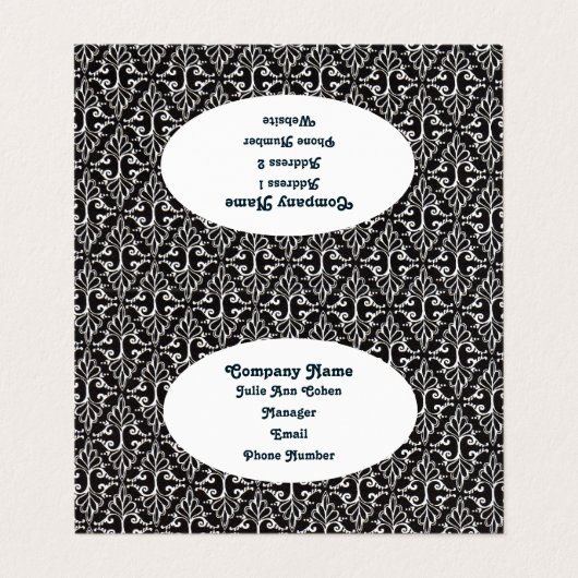Elegant gescrolld zwart wit damast ontwerp visitekaartjes (Buitenkant ongevouwen)