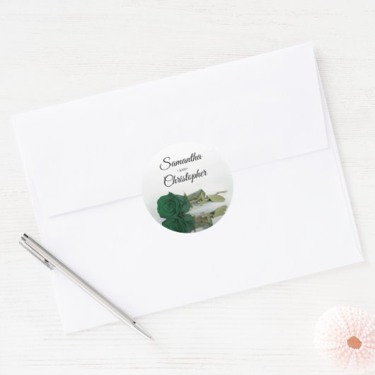 Elegant Gespiegeld Smaragd Groen Roos Bruiloft Ronde Sticker (Envelop)