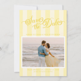 Elegant gestreept boter geel script Bewaar de datu Save The Date