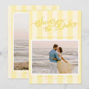 Elegant gestreept boter geel script Bewaar de datu Save The Date