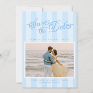 Elegant gestreept pastelblauw script Sla de datum  Save The Date