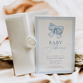 Elegant Gingham Blue Coquette Bow Baby shower Kaart
