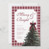 Elegant Gingham Red Bow Christmas Dinner Party Kaart (Voorkant)