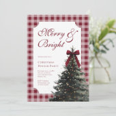 Elegant Gingham Red Bow Christmas Dinner Party Kaart (Staand voorkant)