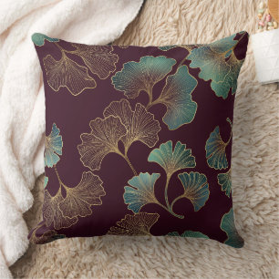 Elegant Ginkgo-blad in Burgundy en Teal Kussen