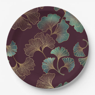 Elegant Ginkgo-blad in Burgundy en Teal Papieren Bordje
