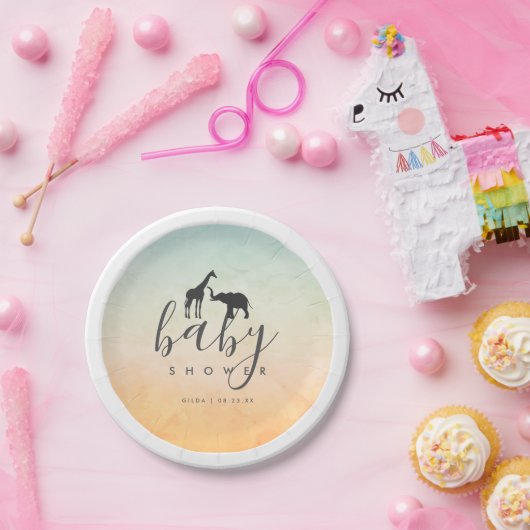 Elegant Giraffe Elephant Baby shower Papieren Bordje (Feest)
