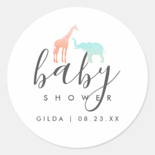 Elegant Giraffe Elephant Baby shower Ronde Sticker