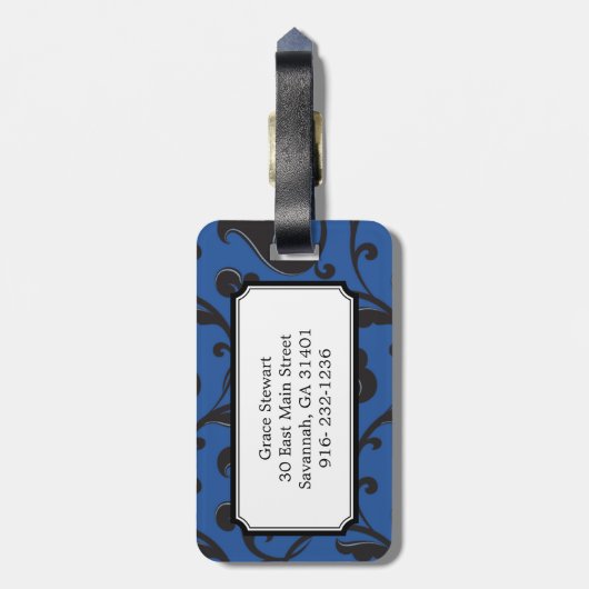 Elegant girale blauw bloemmonogram bagagelabel (Achterkant verticaal)