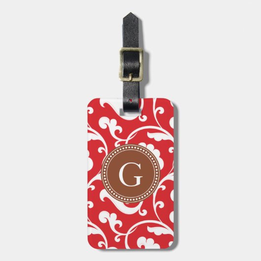 Elegant girale rode florale monogram bagagelabel (Voorkant verticaal)