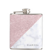 elegant girale roos goud glitter witte marmer heupfles (Voorkant)